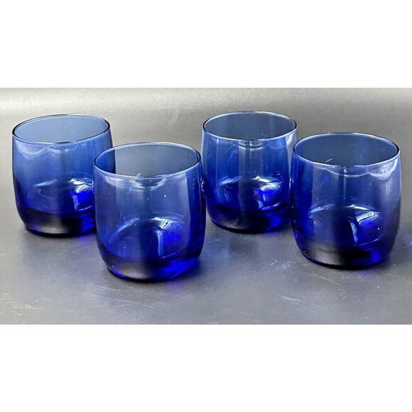 Cobalt Blue Lowball Art Glass Hand Blown Glasses Set of 4 Glasses 3.25 In Tall - Picture 3 of 5